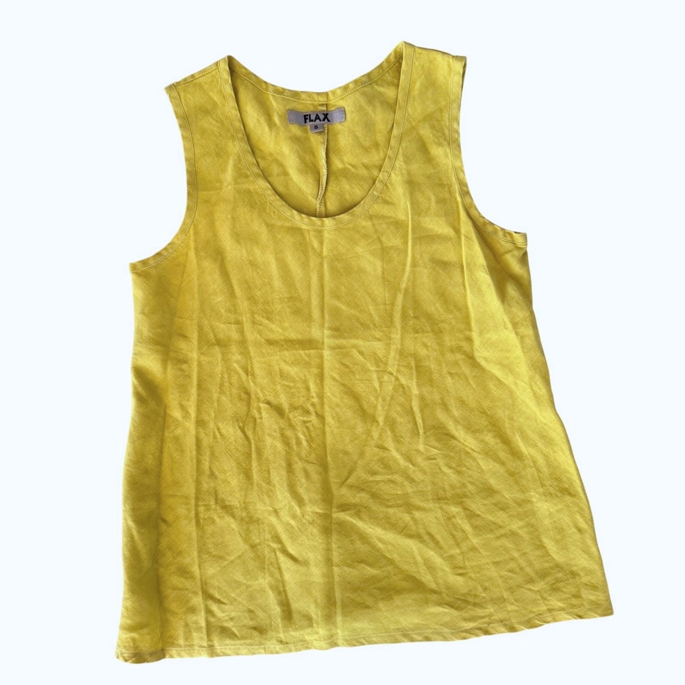 Flax Linen Tank Top Womens Small Yellow Scoop Neck Sleeveless Lagenlook Boho - Picture 2 of 5